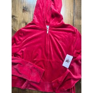 Juicy by Juicy Couture Red Velour Full Zip Hoodie Back Logo Flash L Large NWT
